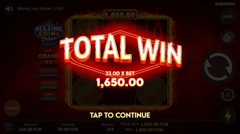 Blazing Coins Deluxe respin kabuuang panalo